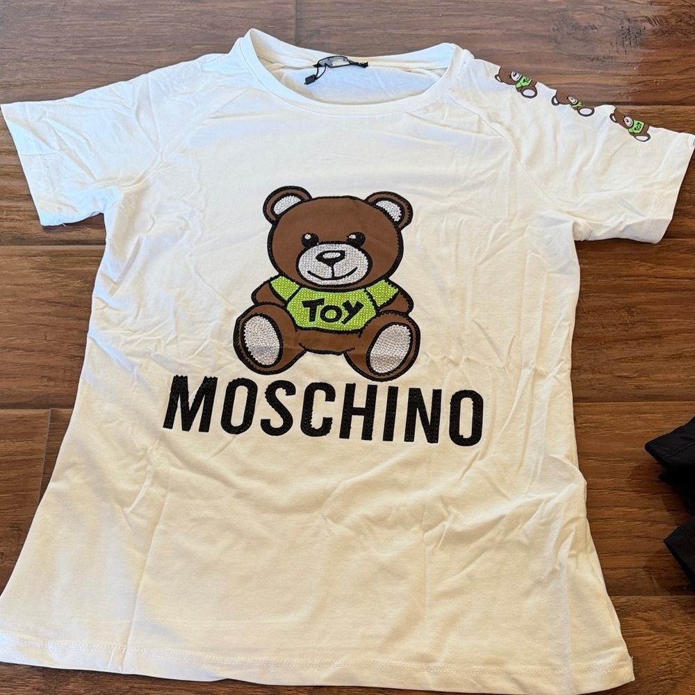 Moschino White Tee with Brown Teddy and Green Rhinestones